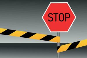 Stop sign in flat style on a gray background with warning tape. Vector