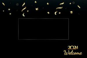 Black New Year background with serpentine and stars. Happy New Year 2024 greeting card, with golden inscription and place for your text. New Year 2024 concept. Vector illustration.