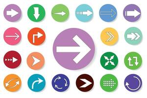 Arrows. Collection of flat modern icons with arrows, on multicolored circles with gradient and shadow on white background. Internet button. Modern style. Vector illustration.