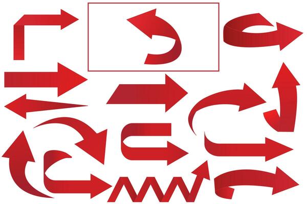 Collection of red arrows with gradient. Curved arrow symbols isolated on white background.Vector