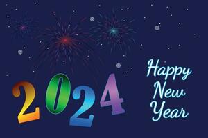 Bright New Year illustration Happy New Year 2024. Festive background with bright fireworks and snowflakes on a blue gradient background. Vector illustration.