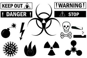 Set of icons and warning signs of danger. Elements of different types of danger, biological hazard, toxicity and others. vector