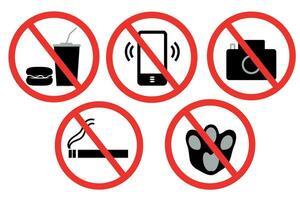 Prohibition signs, vector icons, food, drinks, smoking, photography, pets, phone calls are prohibited.