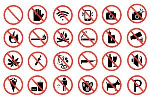 Prohibition signs. A large set of prohibitory signs warning about the prohibition of various actions. Icons isolated on white background. Vector illustration.