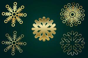 Snowflakes. Set of golden snowflakes isolated on a green background. For Christmas and New Year's illustrations. Gold vector illustration.