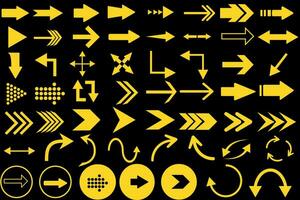 Arrow collection. Large set of vector icons with arrows, yellow color isolated on a black background. Arrow of different shape in modern simple flat style for web design. Vector illustration.