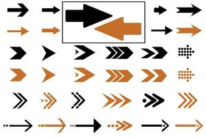 Arrow icons set. Colored arrow symbols. Arrows in black and orange colors on a white background. Set of flat vector arrows. Isolated arrow symbols.