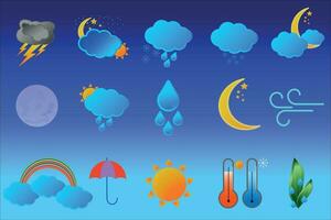 clima icono.clima íconos embalar. vistoso clima pronóstico diseño elementos, Perfecto para móvil aplicaciones y widgets. contiene íconos de el sol, nubes, copos de nieve, viento, lluvia, temperatura vector