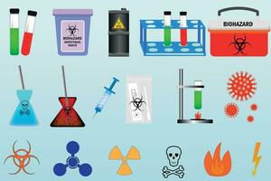 Biohazard set.Set of vector medical chemical laboratory products in flat style isolated on white background. Scientific instruments for research. Biohazard waste icons.