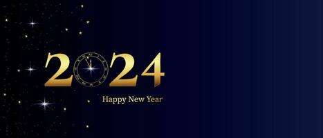 Winter New Year background. Banner template design with clock and number 2024 on dark blue background with place for your text. New Year 2024 concept, Vector illustration.