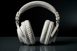 Large white headphones on a black background. Music concept.Generative AI photo