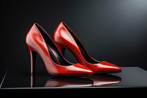 Beautiful elegant red women's high heel shoes standing on a black podium. Side view. Generative AI photo