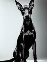 Happy Doberman Pinscher Dog Black and White Monochrome Photo in Studio Lighting