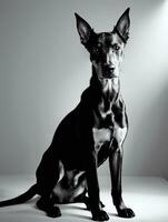 Happy Doberman Pinscher Dog Black and White Monochrome Photo in Studio Lighting
