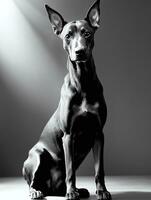 Happy Doberman Pinscher Dog Black and White Monochrome Photo in Studio Lighting