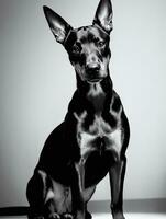 Happy Doberman Pinscher Dog Black and White Monochrome Photo in Studio Lighting