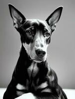 Happy Doberman Pinscher Dog Black and White Monochrome Photo in Studio Lighting