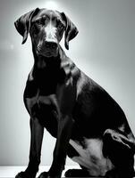 Happy Doberman Pinscher Dog Black and White Monochrome Photo in Studio Lighting