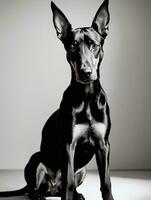 Happy Doberman Pinscher Dog Black and White Monochrome Photo in Studio Lighting