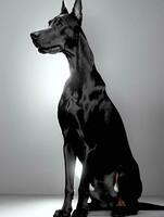 Happy Doberman Pinscher Dog Black and White Monochrome Photo in Studio Lighting