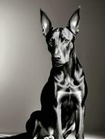 Happy Doberman Pinscher Dog Black and White Monochrome Photo in Studio Lighting