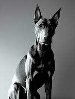 Happy Doberman Pinscher Dog Black and White Monochrome Photo in Studio Lighting