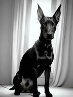 contento caballero pinscher perro negro y blanco monocromo foto en estudio Encendiendo