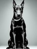 Happy Doberman Pinscher Dog Black and White Monochrome Photo in Studio Lighting