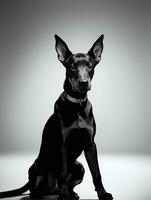 Happy Doberman Pinscher Dog Black and White Monochrome Photo in Studio Lighting