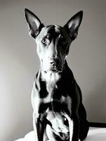 Happy Doberman Pinscher Dog Black and White Monochrome Photo in Studio Lighting