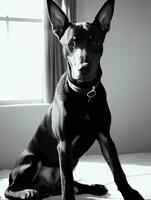 Happy Doberman Pinscher Dog Black and White Monochrome Photo in Studio Lighting