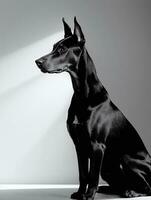 Happy Doberman Pinscher Dog Black and White Monochrome Photo in Studio Lighting