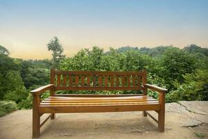 Wooden empty bench against the background of the sky and greenery. photo