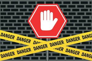 Stop. Stop icon vector illustration in flat style with hazard warning tapes on bricks background. Stop hand sign and symbol. Do not enter a red stop sign with your hand.