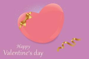 Banner with a pink heart and a gold bow for Valentines Day on a lilac background. Festive decoration design for Valentines Day. Vector illustration.