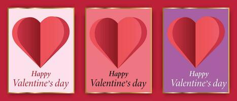 Set of holiday gift postcards for Valentine Day. Romantic banners, greeting cards. Design with paper hearts. Vector illustration.