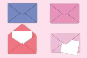 Colorful envelopes in different positions. Mockup of a closed and open letter with a white paper document inside. Vector illustration.