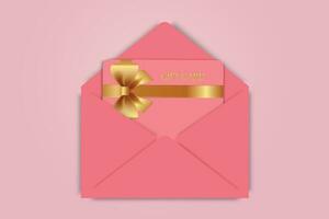 Gift card with a gold bow with ribbon on a cute pink background. Template useful for design, shopping card, voucher or gift coupon. Vector illustration.