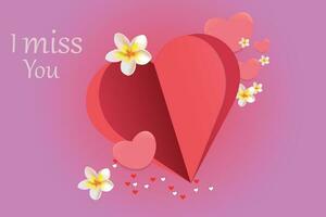 Congratulations to Valentines Day. Red paper heart with delicate plumeria flowers on a pink background. Vector illustration.