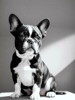 Happy French Bulldog Black and White Monochrome Photo in Studio Lighting