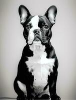 Happy French Bulldog Black and White Monochrome Photo in Studio Lighting