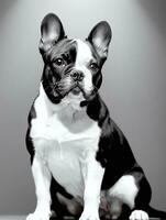 Happy French Bulldog Black and White Monochrome Photo in Studio Lighting