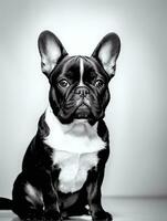 Happy French Bulldog Black and White Monochrome Photo in Studio Lighting