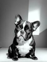 Happy French Bulldog Black and White Monochrome Photo in Studio Lighting