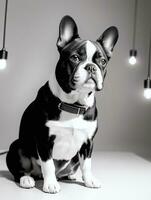 Happy French Bulldog Black and White Monochrome Photo in Studio Lighting