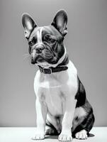 Happy French Bulldog Black and White Monochrome Photo in Studio Lighting