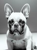 Happy French Bulldog Black and White Monochrome Photo in Studio Lighting