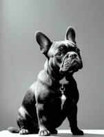 Happy French Bulldog Black and White Monochrome Photo in Studio Lighting