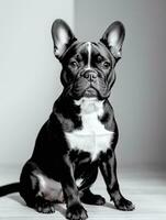 Happy French Bulldog Black and White Monochrome Photo in Studio Lighting