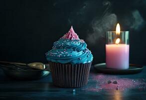 blue sparkling cupcake with a sparkler in the middle, AI Generative holiday, birthday concept photo